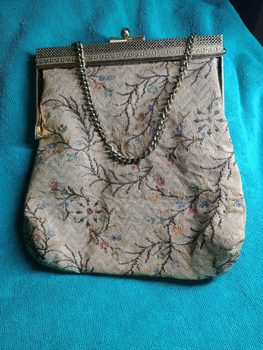 Vintage Floral Tapestry Evening Bag with Gold Frame